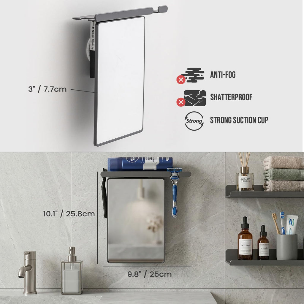 TAILI Shower Mirror Fogless for Shaving with Razor Holder, Anti-Fog with Powerful Suction Wall Mounted for Bathroom, Makeup Shave Mirror for Men & Women, Shatterproof & Removable, Grey