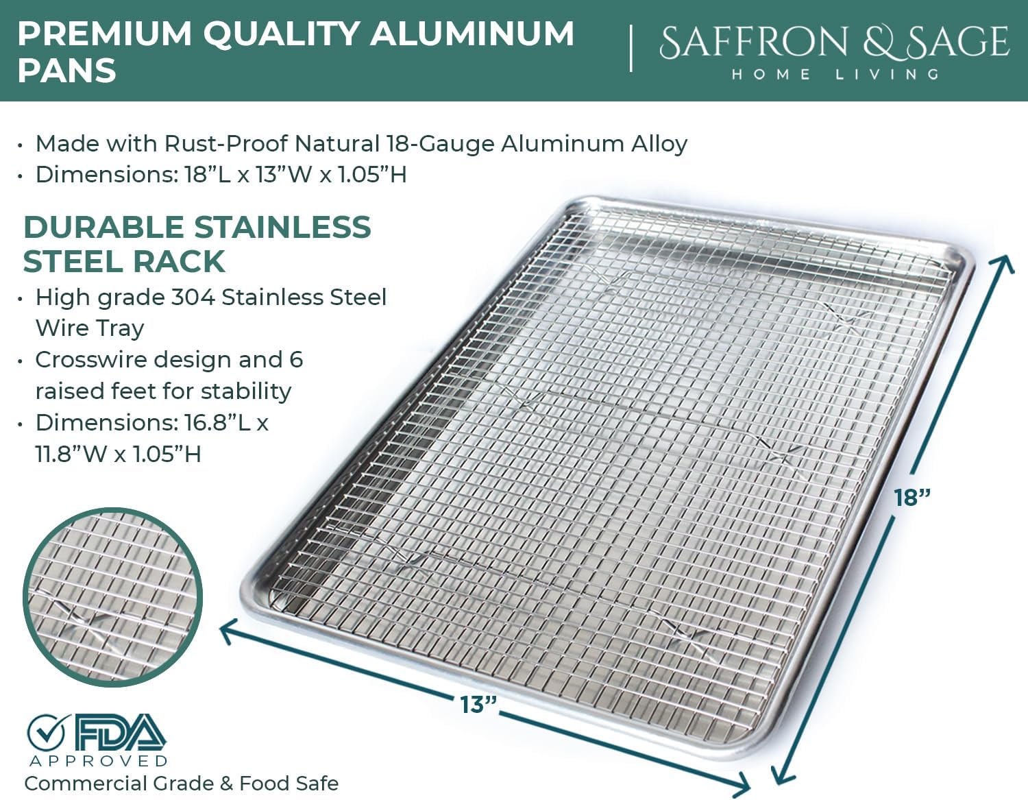 Skiennix Commercial Quality Cookie Sheet & Rack Set - Heavy-Duty Aluminum Half Sheet 13x18, Rust & Warp Resistant
