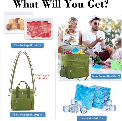 Coobiiya Insulated Lunch Bag Cooler - 23L Expandable, Leakproof Design with 4 Ice Packs & 10 Snack Bags | Perfect for Travel & Camping
