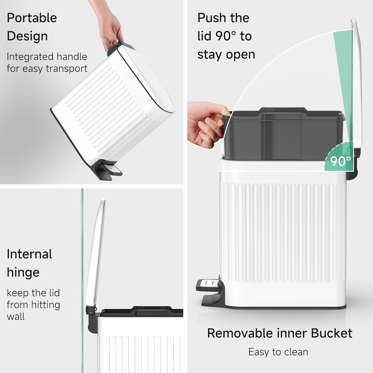 TIPGO Slim Bathroom Trash Can - Soft Close Lid & Step Pedal, 6L Stainless Steel Bin | White