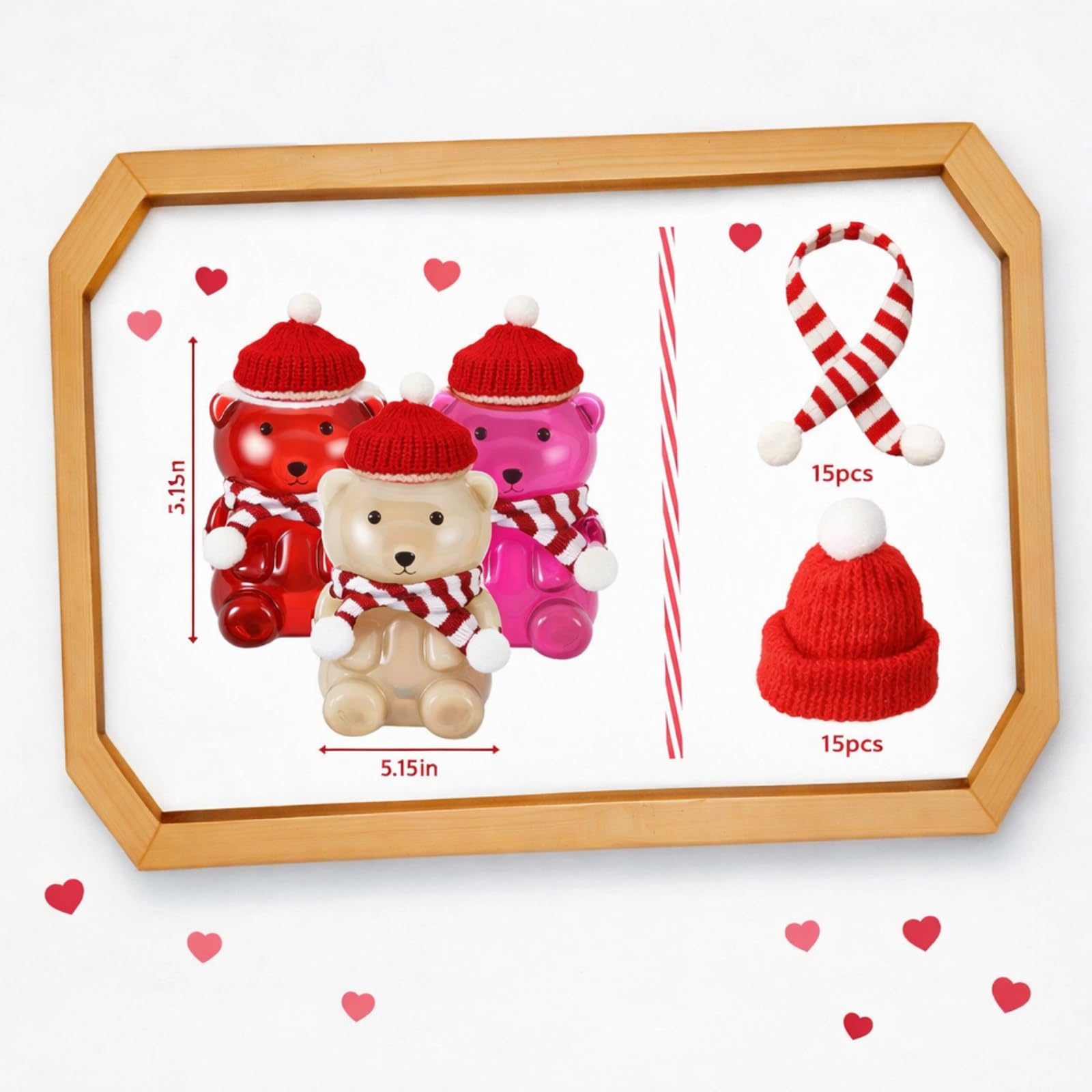 Baderke 15 Set Valentine Bear Plastic Bottles with Straws Set Including 17 oz Cute Teddy Bear Cups Reusable Drink Cup Empty Bottles Straws and Caps for Valentine Party Milk Juicing Drinking