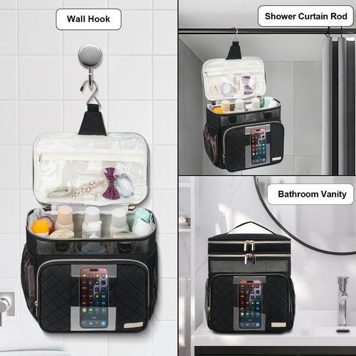 Jaffzora Large Toiletry Bag for Women Men, Portable Shower Caddy College Dorm Essentials, 2 Layers Quickly Dry Mesh Bathroom Tote Bag, Hanging Makeup Organizer Bag for Travel, Gym, Camping (Black)