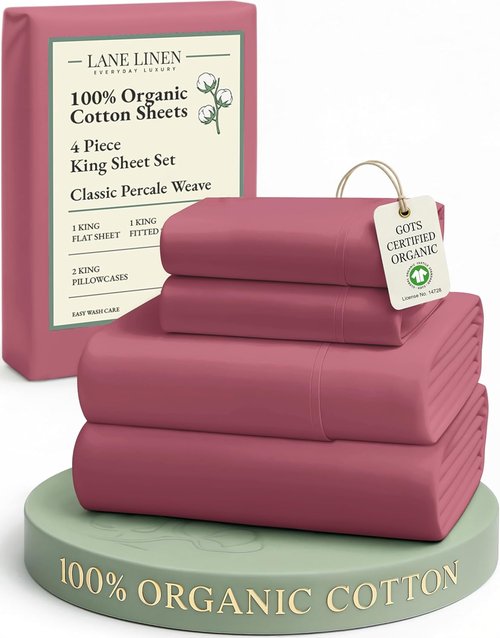 LANE LINEN 100% Organic Cotton King Size Bedsheets - Soft, Comfy Luxury Percale Cooling Sheets | Oeko-Tex Certified, Mineral Red
