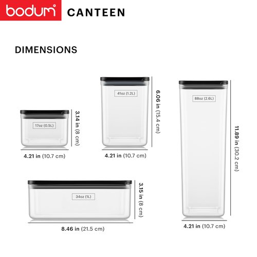 Bodum Canteen Storage Jar Set, BPA-Free Plastic, Airtight Silicone Seal, 17oz (2pc), 34oz (2pc), 40oz, 88oz, Black, 6 piece set