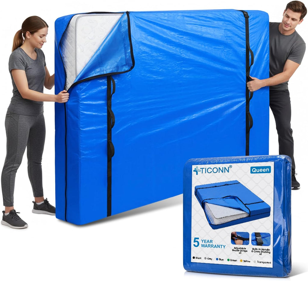 TICONN Heavy-Duty Queen Mattress Bag - Full-Around Handle & Adjustable Buckles | Blue Storage Solution