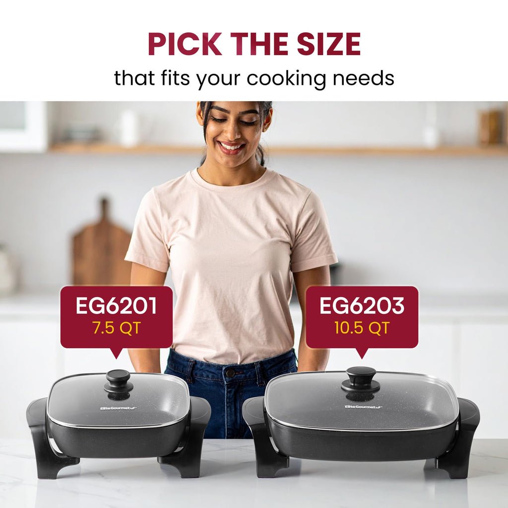 Elite Gourmet EG-6203X Extra Deep 16"x13"x3.2" (10.5Qt.) Scratch Resistant, Easy Pour Spout, Dishwasher Safe, Non-stick Electric Skillet with Vented Glass Lid, Adjustable Temperature, Black