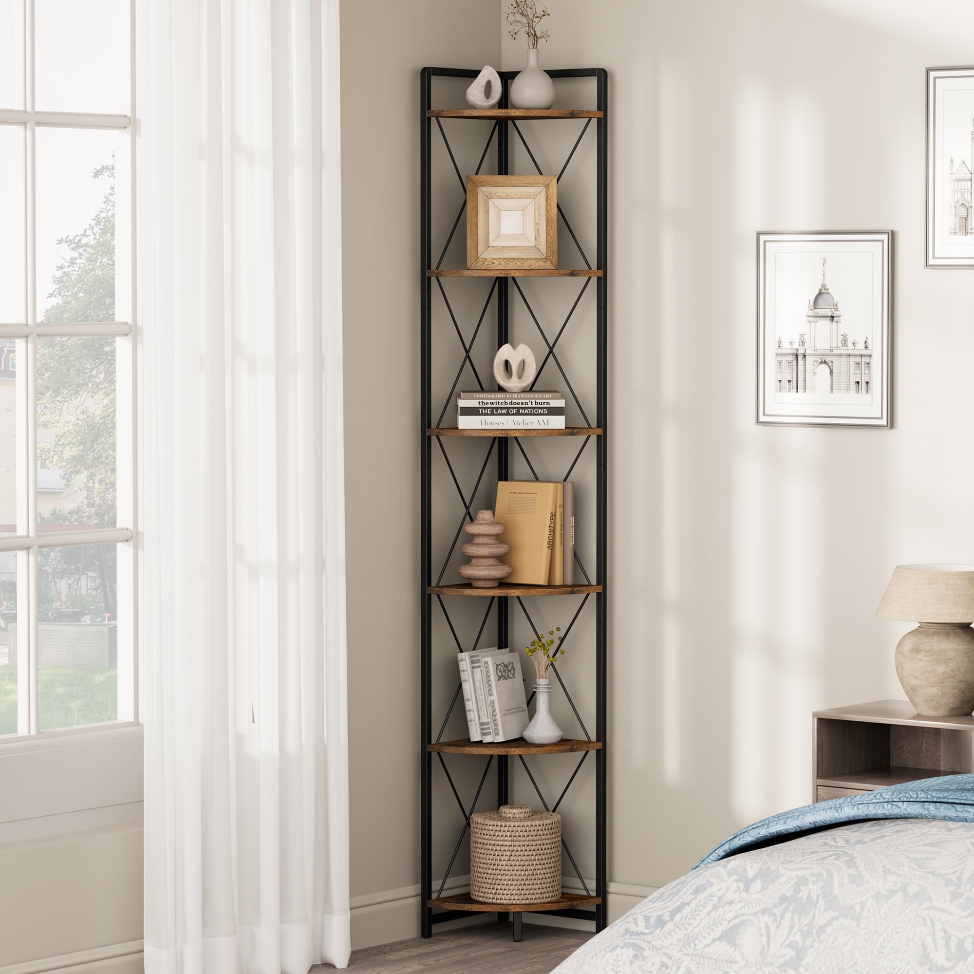Cerlyunzan 6 Tier Corner Shelf Stand, 78" H Tall Industrial Corner Bookshelf for Living Room Decor, Metal Corner Shelf, Plant Stand Display Shelf for Bedroom, Bathroom, Small Space, Rustic Brown