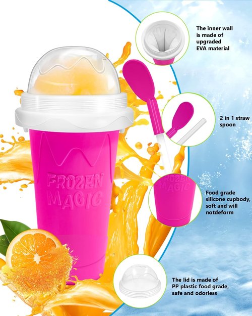 DIY Magic Slushy Maker Cup - Portable Slushy Cup for Juices & Ice Cream | Double-Layer Silica with Lid & Straw (Pink)