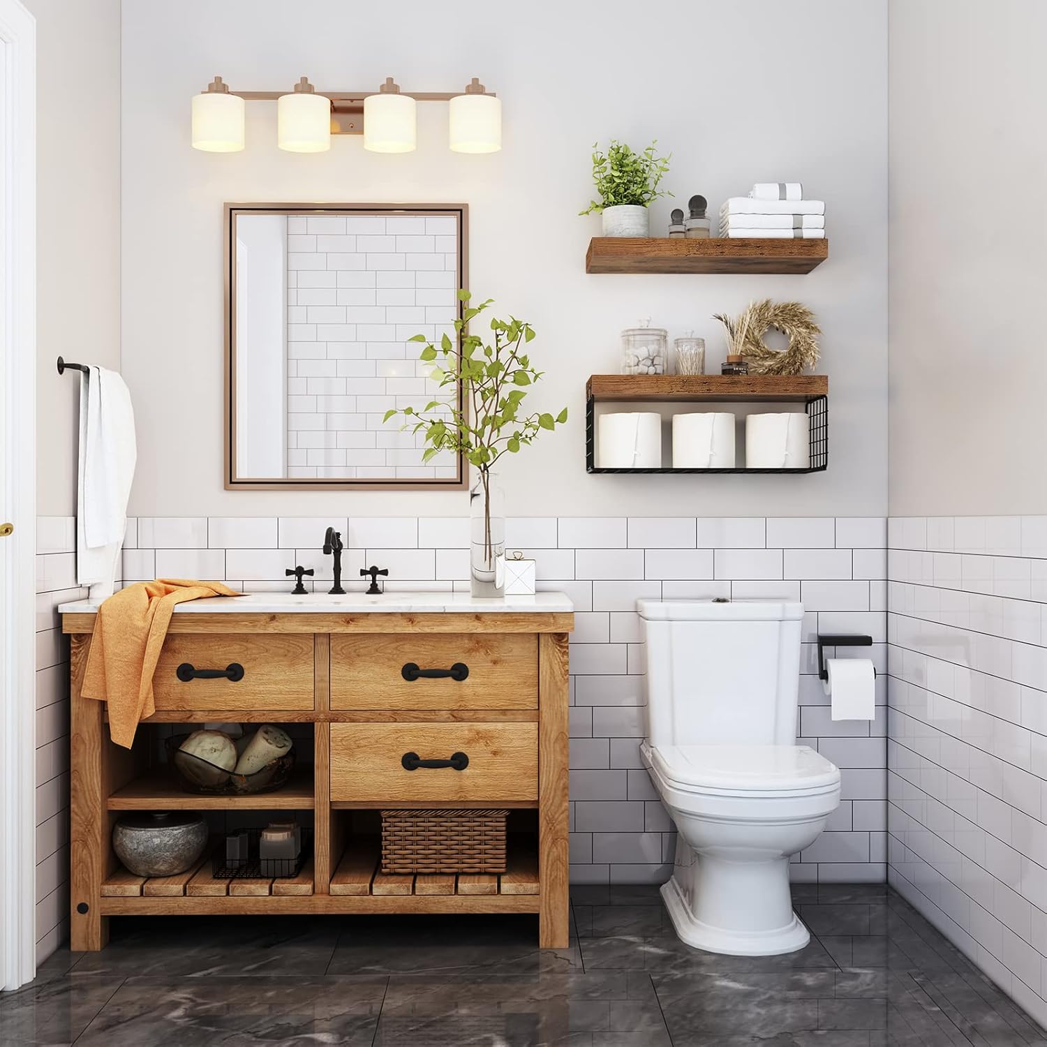 QEEIG Bathroom Shelves | Over Toilet Wall-Mounted Floating Shelves - Rustic Brown, 16 Inch Set of 2