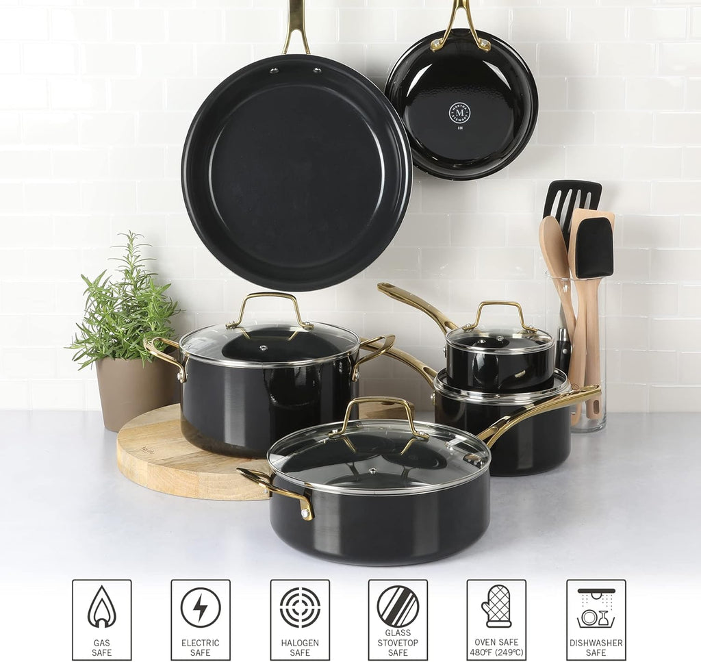 Martha Stewart Lockton 14-Piece Non-Stick Cookware Set - Heavy-Gauge Aluminum in Black with Gold Handles