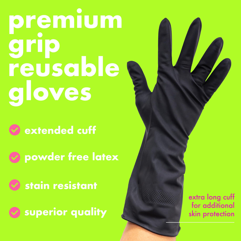 Colortrak Reusable Latex Salon Gloves, Black, Powder-Free Textured Grip Hair Color Gloves for Chemical Processing & Salon Services, Long Cuff, 20 Count, Small