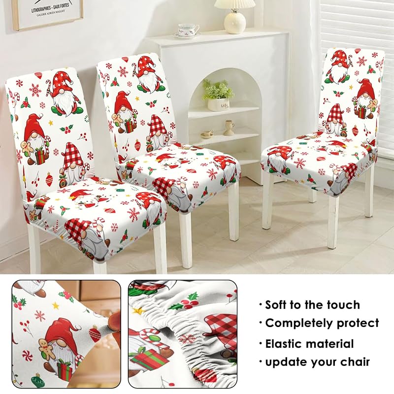 Christmas Gnome Chair Covers Set of 4 - Winter Snowflake Holly Elastic Dining Chair Covers (Variation: Christmas Gnome+4 Pieces)