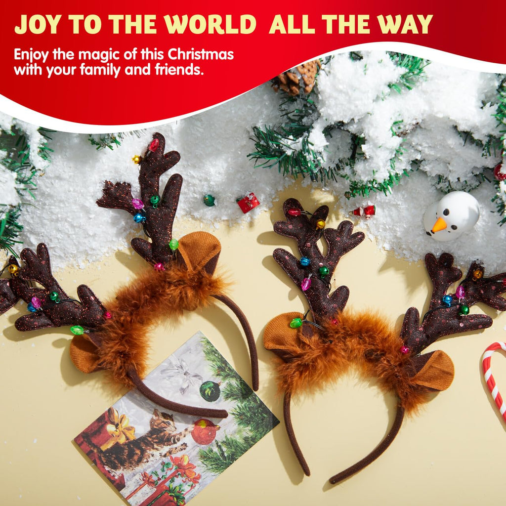 JOYIN Christmas 2Pcs Light Up Headband, Cute Reindeer Headband with LED Bulbs for Adult Kids Party Favor Supplies Xmas Accessories Christmas Holiday
