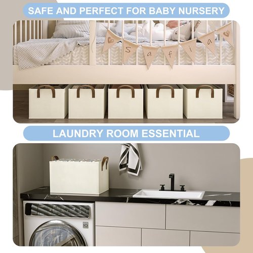 Closet Storage Bins by [Brand Name] - Fabric Organizers for Shelves | Collapsible Beige Baskets, 3 Pack