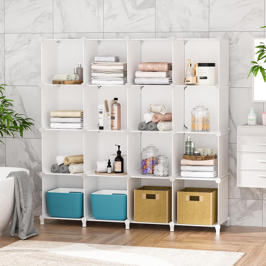 Neprock 16-Cubby Storage Organizer - Versatile Closet Shelves for Clothing & Books | White Finish