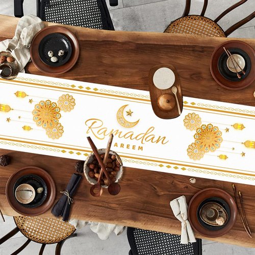 Eid Mubarak Table Runner Decorations,White and Gold Ramadan Mosque Lattern Happy Holiday Kitchen Dining Table Decor for Home Party Supplies 13 x 72 Inch