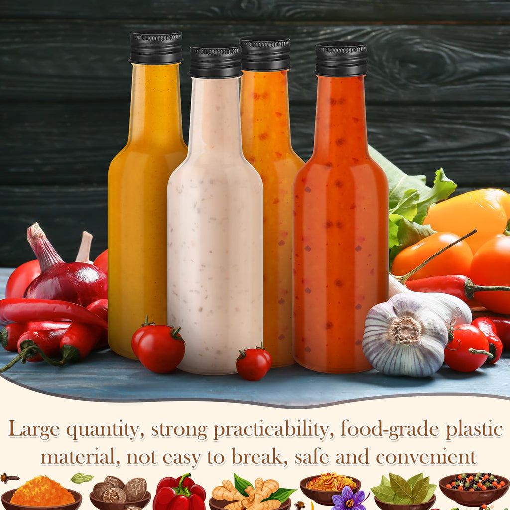 Zubebe 100 Pcs Hot Sauce Bottles Small Plastic Clear Woozy Bottles Empty with Leak Proof Black Screw Cap Mini Wine Liquor jars for Kitchen Sauce Salad Dressing Syrup Juice Whiskey (5 oz)