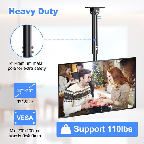 XINLEI Ceiling TV Mount Fits Most 37-75 inch LCD LED Plasma Panel Display with Max VESA 600x400mm Loaded up to 110lbs Swivel and Tilt TV Bracket Height Adjustable MC61A