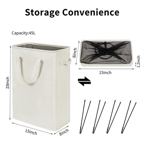 ZERO JET LAG Slim Laundry Hamper With Handles Collapsible Laundry Basket Thin Dirty Clothes Basket Narrow Laundry Bag Foldable Dirty Clothes Hamper 45L (23 inches,Beige)