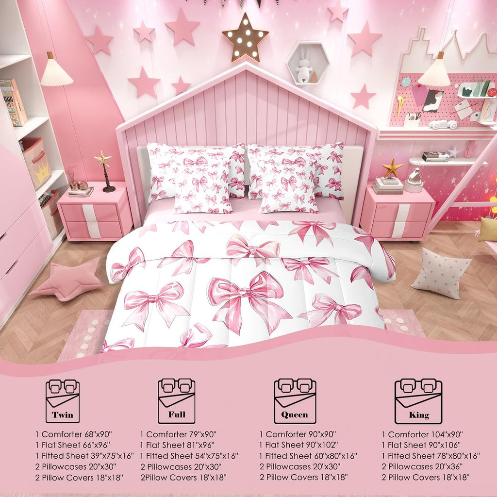 Erosebridal Kawaii Bowknot Girls Bed in A Bag with Sheets Dreamy Princess Style Full Comforter Set 7 Piece for Kids Teen Women,Girly Cute Bow Bedding Set Pink Bow Tie Bed Set Bedroom Decor
