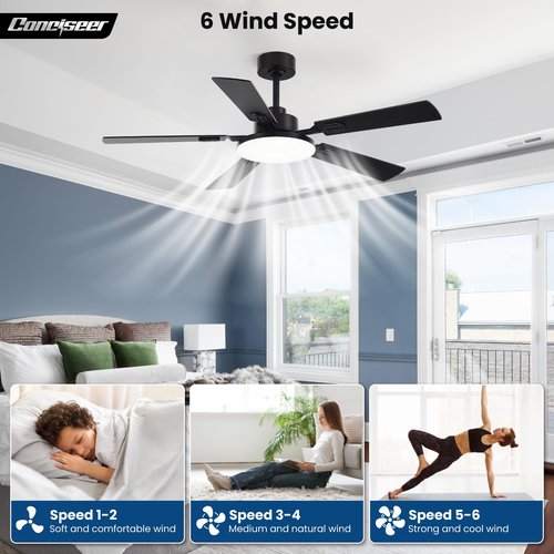 Conciseer 52 Inch Ceiling Fans with Lights and Remote for Bedroom Living Room Kitchen Office, Indoor/Outdoor Use, 5CCT Dimmable, 5 Blades, 6 Speed Reversible Quiet DC Motor, Black/Wood Grain