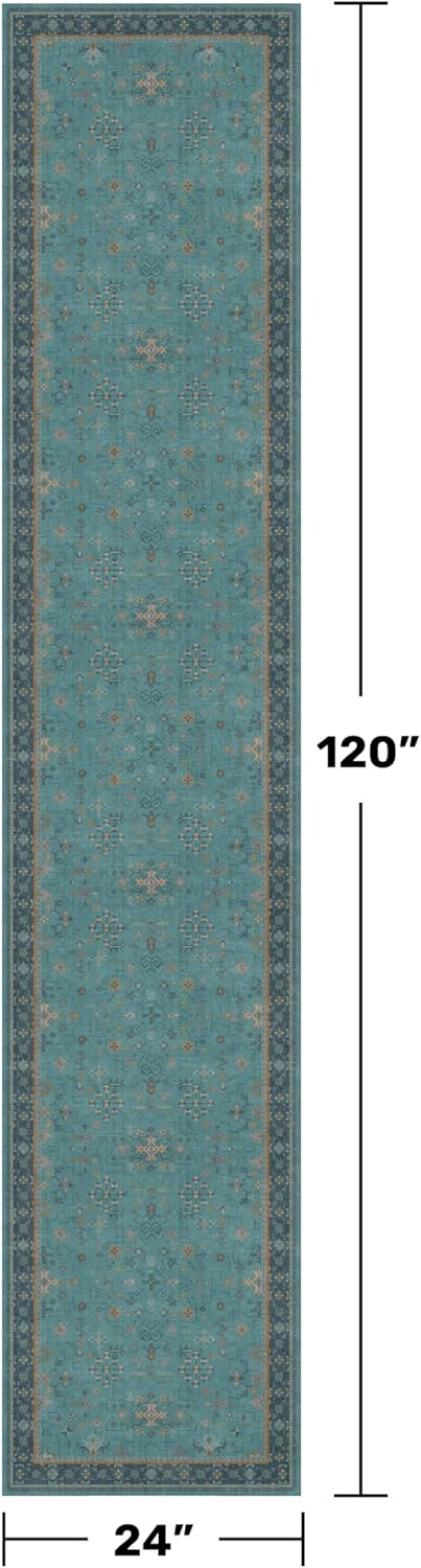 Boho 2x10 Extra Long Runner Rug - Machine Washable, Stain Resistant, Non-Slip Rubber Backing, Teal