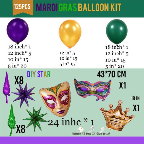 125 Carnival Balloon Garland Arch Kit - Purple, Emerald Green &Pearl Gold Balloons with Masks, Crown, and Exploding Star Foil Festive Party Decor for Masquerade, Birthday, Royal Events