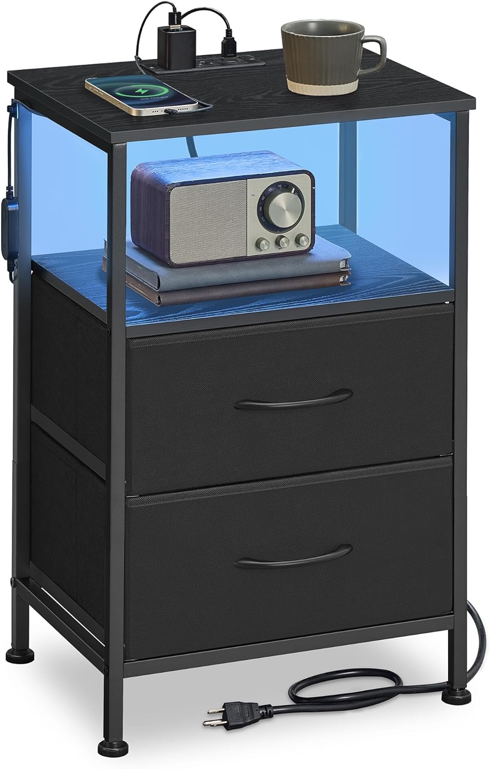SONGMICS Nightstand with Charging Station - App-Controlled LED Lights, 2 Drawers & Open Shelf, Ink Black & Ebony Black