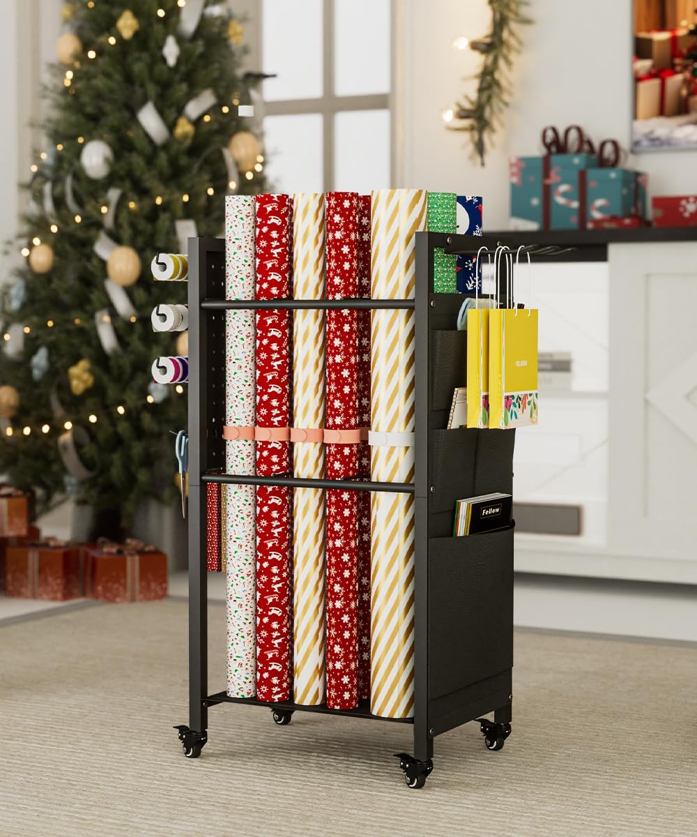 Skiennix Wrapping Paper Storage Organizer - Rolling Gift Wrap Station with Ribbon & Bag Storage | Black