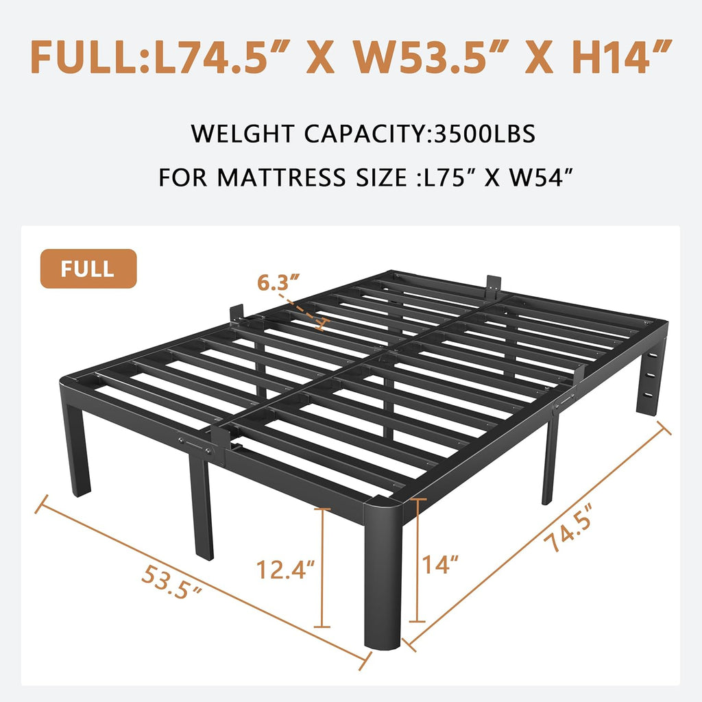 Skiennix Full Size Bed Frame - Heavy Duty 14 Inch Metal Design with No Box Spring Needed | Noiseless & Easy Assembly, Black