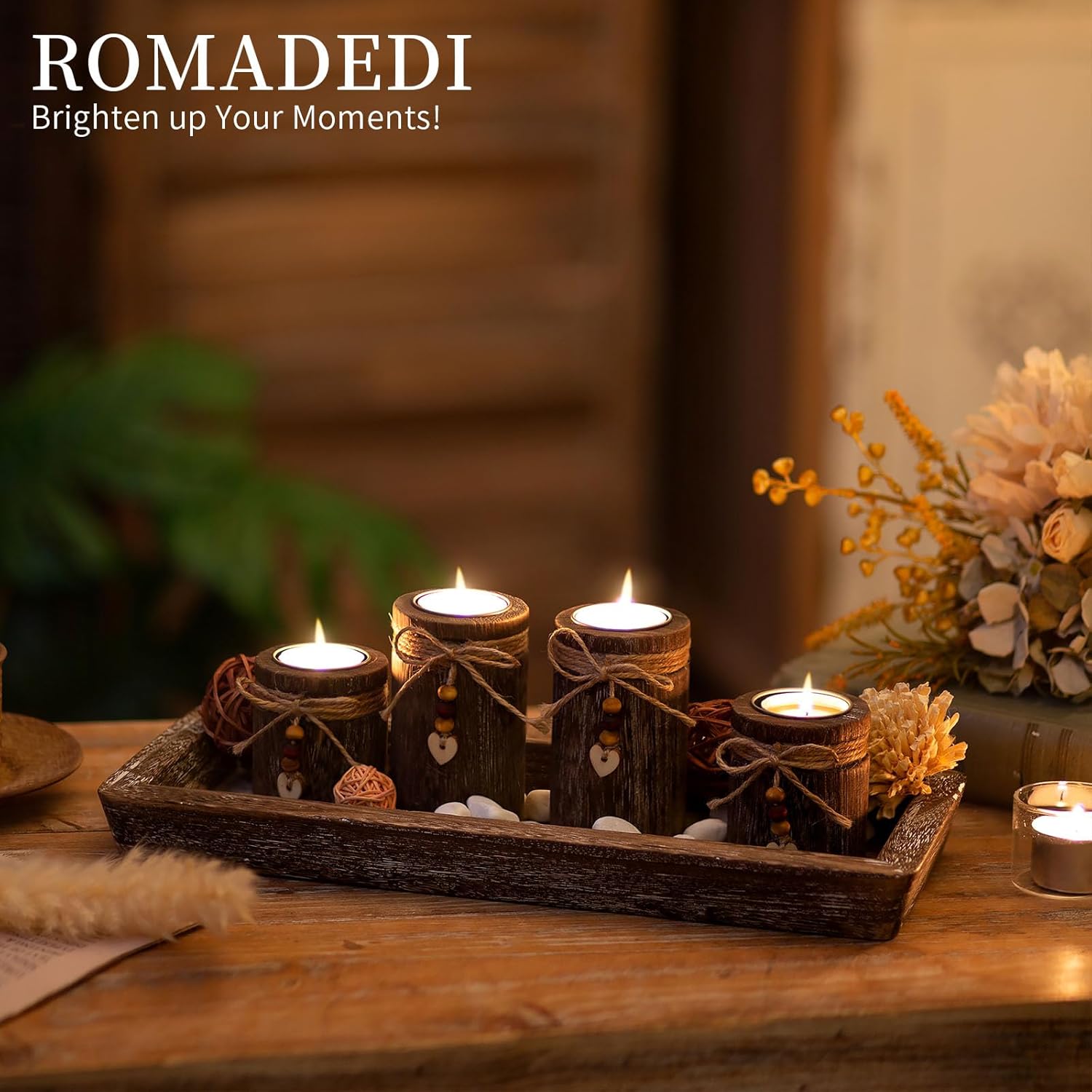 Romadedi Candle Holder Set - Boho Wooden Tray with 4 Tealight Holders for Farmhouse Decor | Living Room Centerpiece