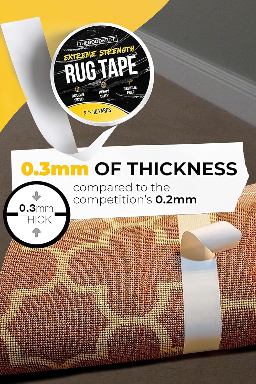 The Good Stuff Double-Sided Carpet Tape - Heavy-Duty Non-Slip Rug Gripper | 2" x 10 Yards - Residue-Free Removal