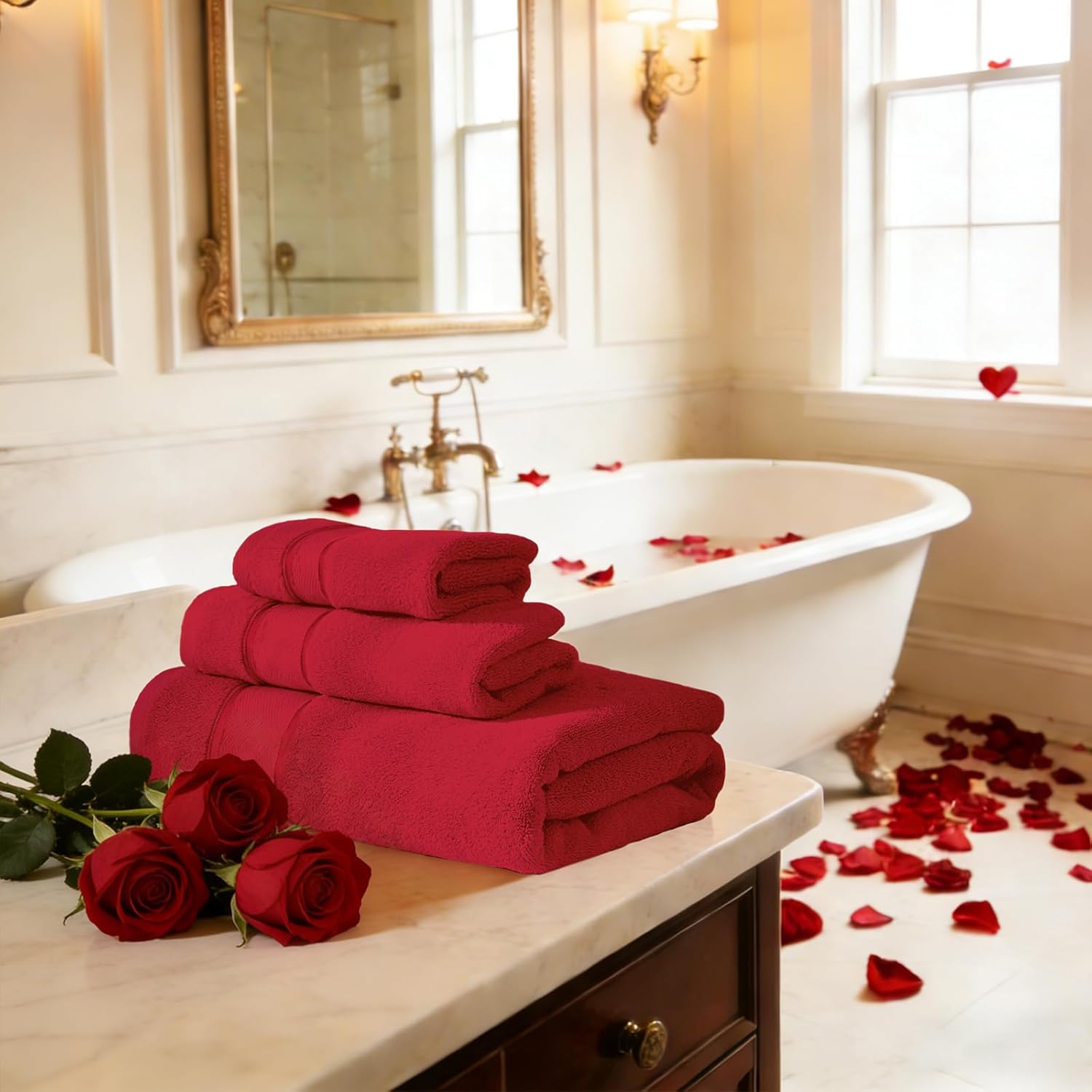Marvione 6-Piece Bath Towels Set - 100% Turkish Cotton, Highly Absorbent & Soft | Red