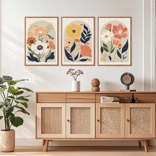 KAIRNE Boho Canvas Wall Art - Abstract Floral Prints Set of 3 (16”x24”) | Modern Minimalist Botanical Decor for Living Room & Office