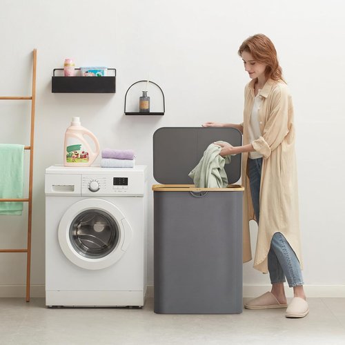 Lifewit 150L Laundry Basket - Foldable Hamper with Lid & Bamboo Handles | Grey with 2 Removable Bags