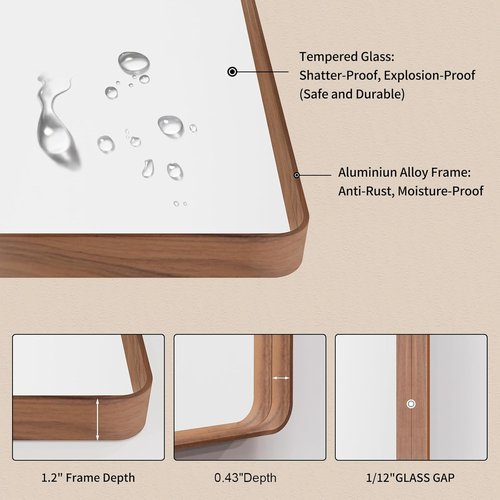LOAAO Bathroom Mirror - 55x36 Inch Rounded Rectangle with Wood Grain Metal Frame | Anti-Rust, Versatile Hanging Options