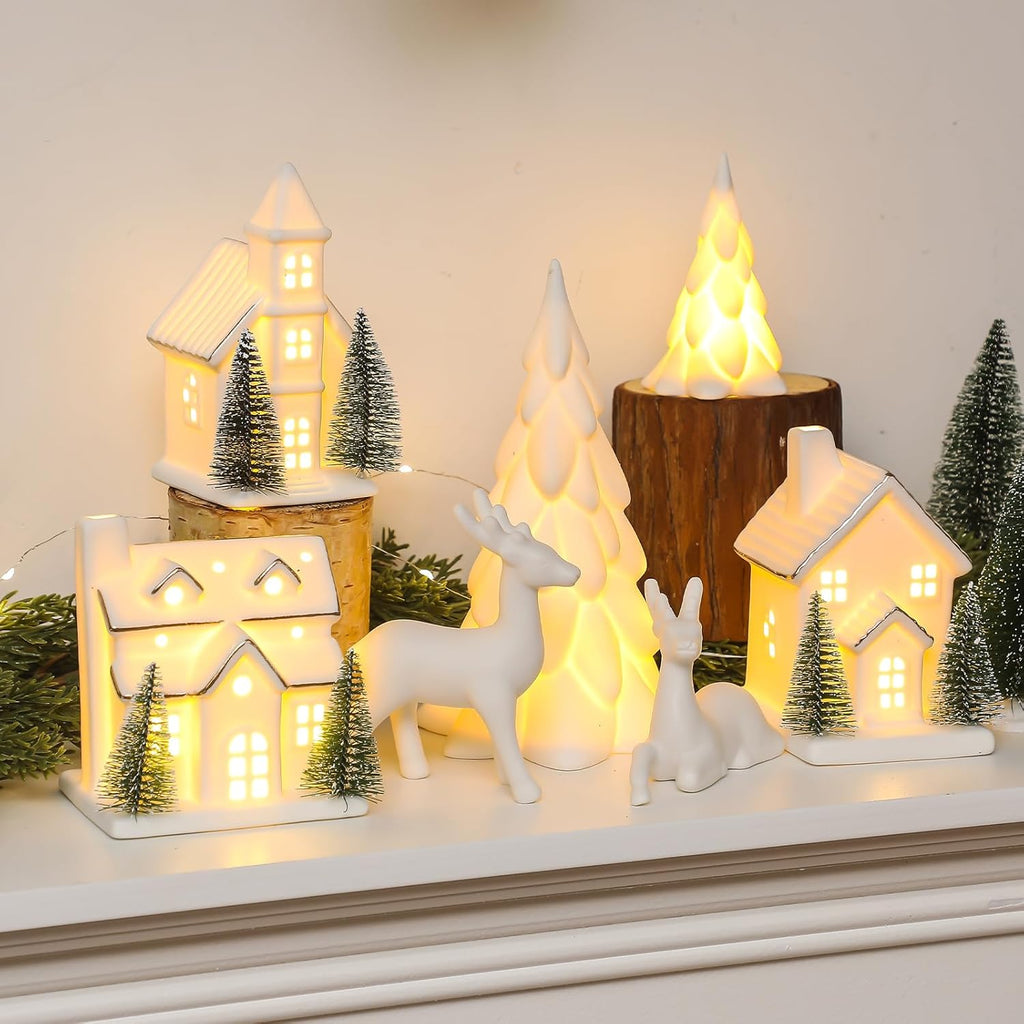 Regine Switzerland 12-Pc Ceramic Christmas Village Set - White Houses, LED Trees & Reindeer Decor