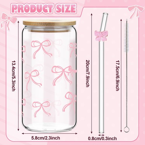 Yetene 4 Set 16 oz Coquette Bows Glass Cups with Lids and Bows Straws Cleaning Brushes Aesthetic Iced Coffee Cup Reusable Mug for Women Sister Birthday Gift Not Dishwasher Safe(Pink,Bow)