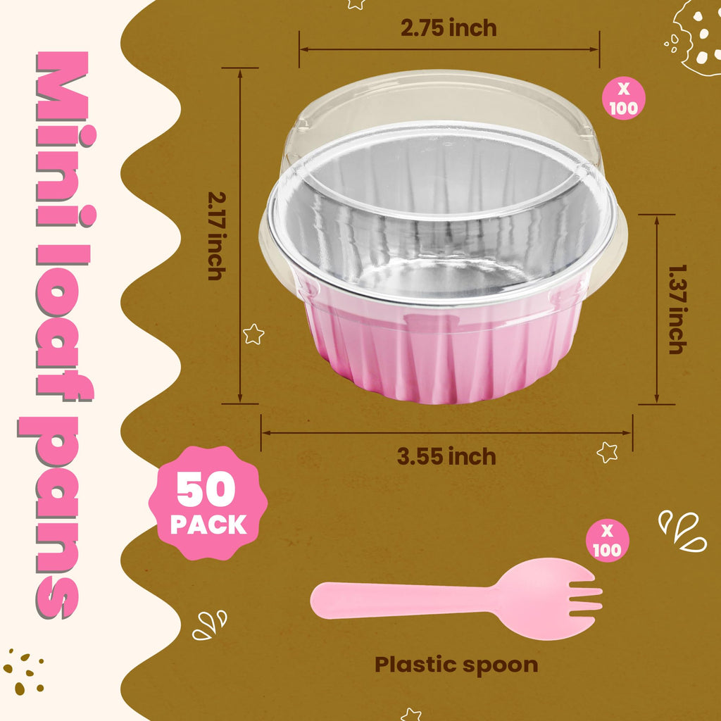 NPLUX 5 OZ Mini Loaf Pans with Lids Mini Cake Pans Baking Cups Disposable Ramekin for Cupake Pudding Party Wedding Birthday(50 Pack, Pink)