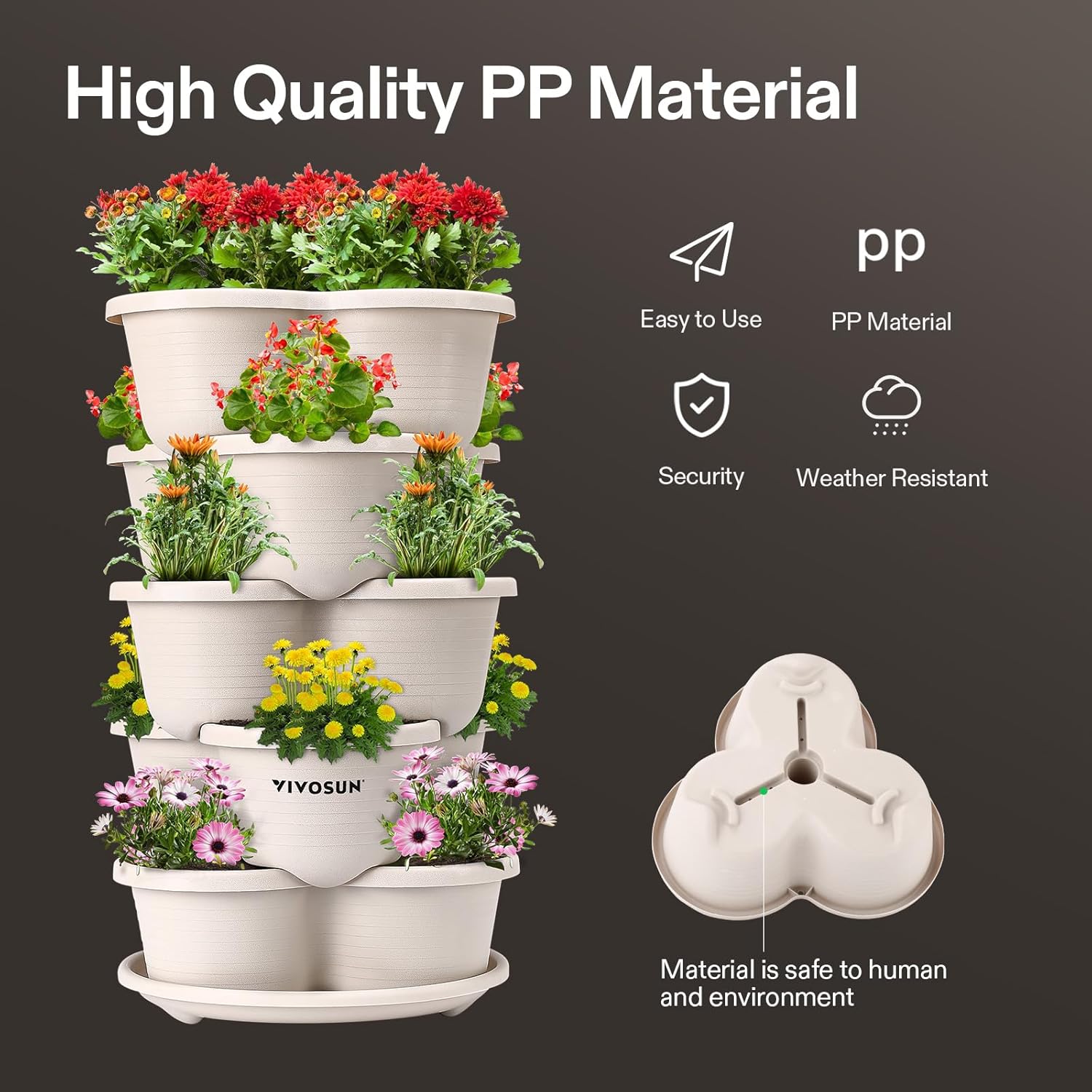 VIVOSUN 5-Tier Vertical Gardening Planter - Stackable for Strawberries, Flowers, Herbs & Vegetables | Ivory