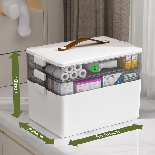 JOYBOS 3-Tier Medicine Storage Box - Portable First Aid Kit Organizer with Leather Handle for Home Use