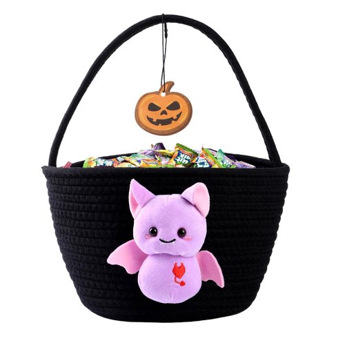 Qinthory Halloween Candy Basket for Kids – Cotton Rope Trick or Treat Bag with Black Cat Design, Reusable Halloween Candy Bucket for Boys and Girls (purple)