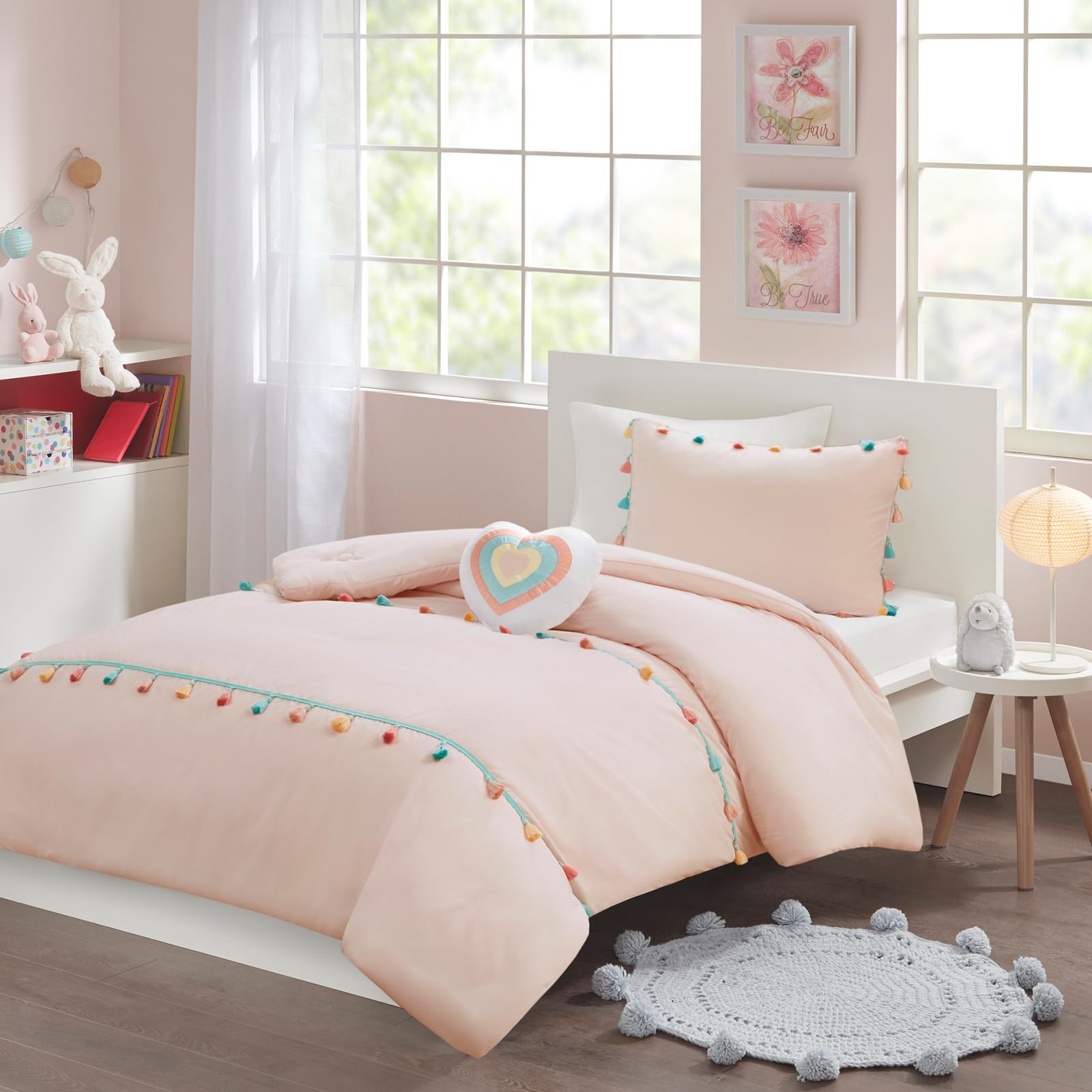 Intelligent Design Kids Queen Comforter Set for Girls, Pink, Tessa Adorable Teen Bedding Sets for Girls, Fun Colorful Pom Pom Tassel, Sham, Boho Heart Throw Pillow, Full/Queen, Blush 4 Piece