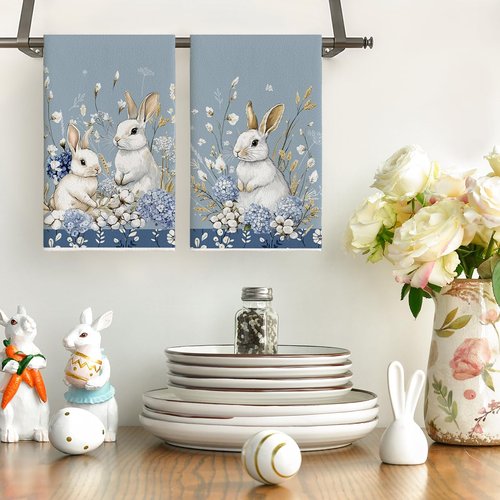 Artoid Mode Bunny Hydrangea Easter Kitchen Towels Dish Towels, 18x26 Inch Spring Farmhouse Wild Flowers Decoration Hand Towels Set of 2
