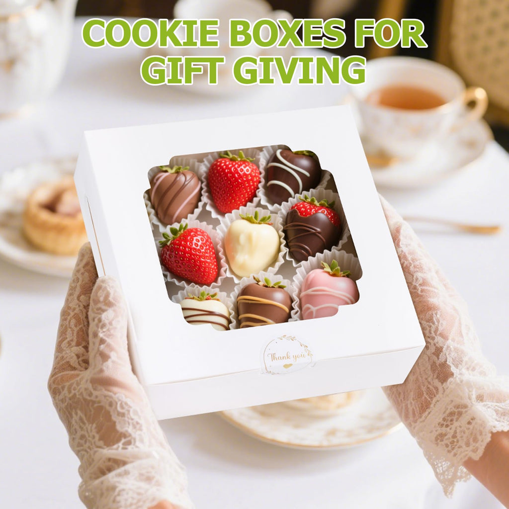 YODYZJ 20-Pack Bakery Boxes with Window, 8"x8"x2.5" White Treat Boxes for Dessert, Cookie, Chocolate Strawberry, Donut and Pastry