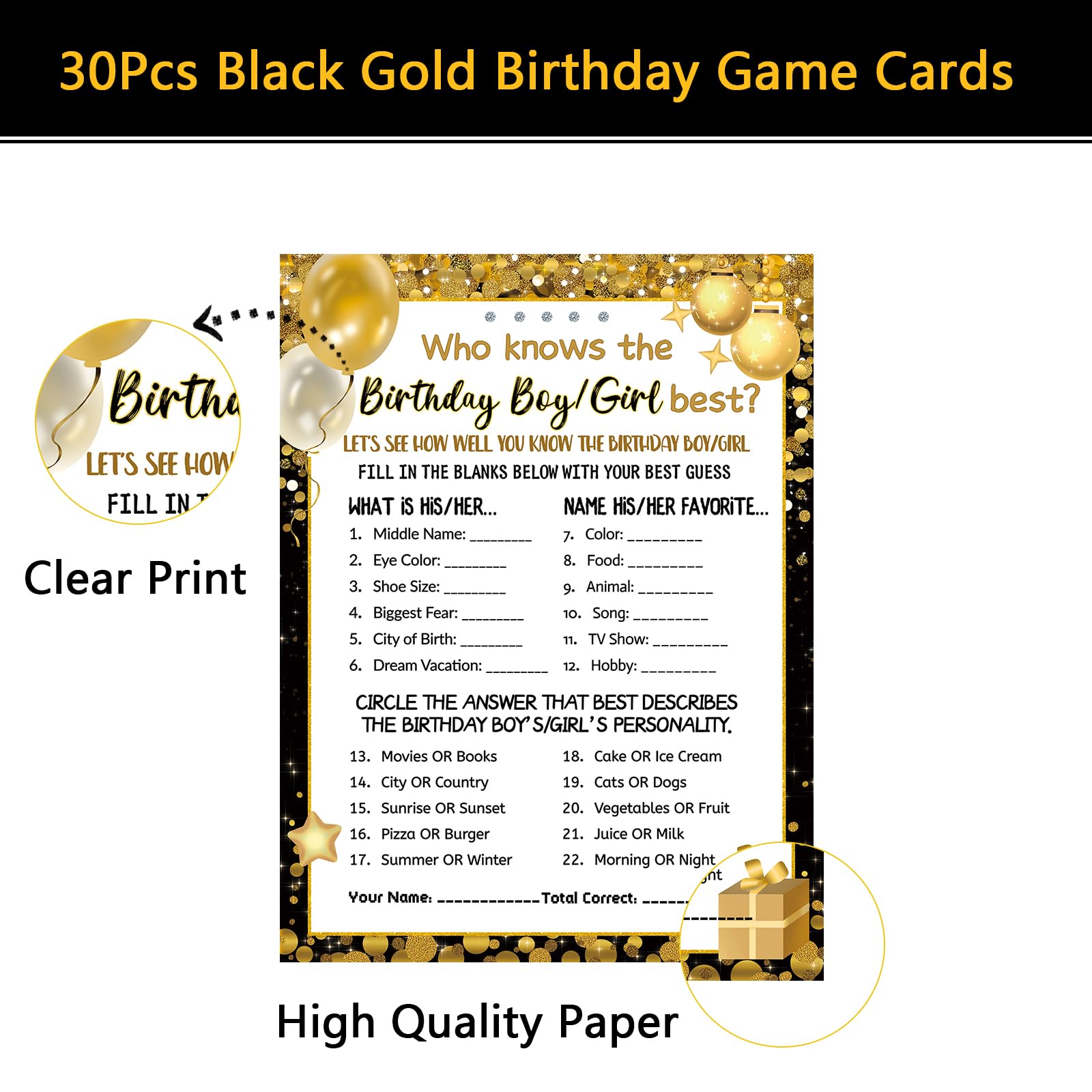 HOMANGA Who Knows The Birthday Boy Girl Best, Birthday Game Cards for Party Activities, Birthday Game Cards for Teens Kids Girls Boys Sleepover Party - Set of 30 (Black Gold, Double-Sided)