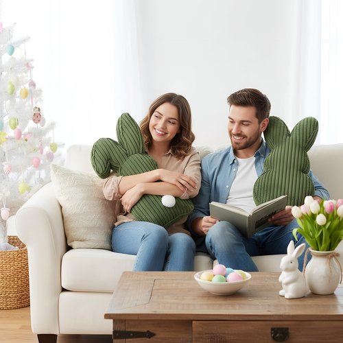 Fiwochic 2 Pcs Easter Bunny Shaped Pillow Cute Decorative Rabbit Throw Pillow Bunny Stuffed Soft Corduroy Striped Textured Cushion Case for Spring Easter Party Couch Sofa Home Decor, Olive Green