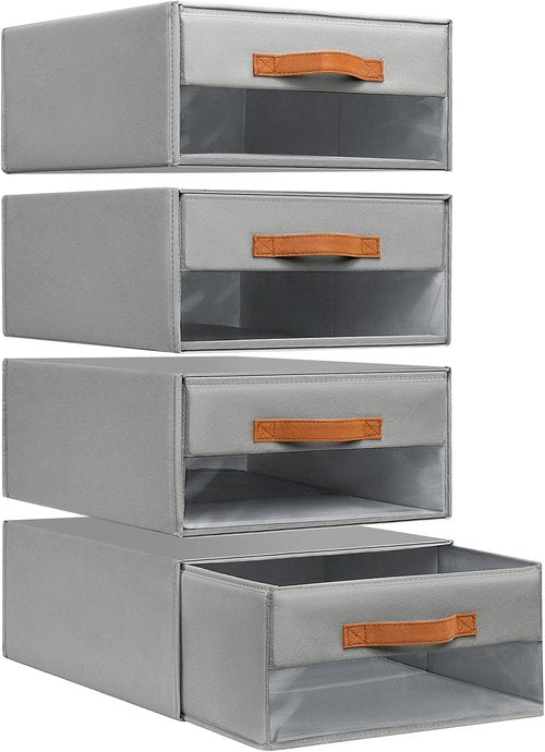 DIMJ Closet Organizers - Foldable Fabric Bins with Clear Window, Stackable Storage Drawers, 4-Pack, Grey