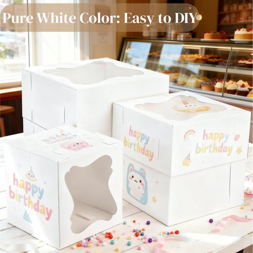 Pumtus 15 PCS Tall Cake Boxes, Square Cake Box with Window in 3 Sizes 12x12x12 10x10x10 8x8x8 Inches, Cardboard Tier Cake Bakery Container, Disposable Dessert Pie Takeout Carrier for Wedding Birthday