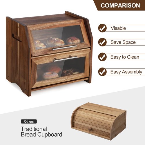 Garvee Double Layer Bread Box – Acacia Wood Bread Bin with Clear Acrylic Door & Air Vents, Rustic Countertop Bread Storage Container for Homemade Bread, Bagels, Muffins (Brown & Silver)